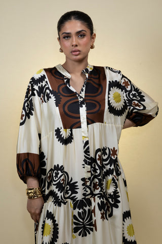 The Cream/Brown Floral Meadow Dress